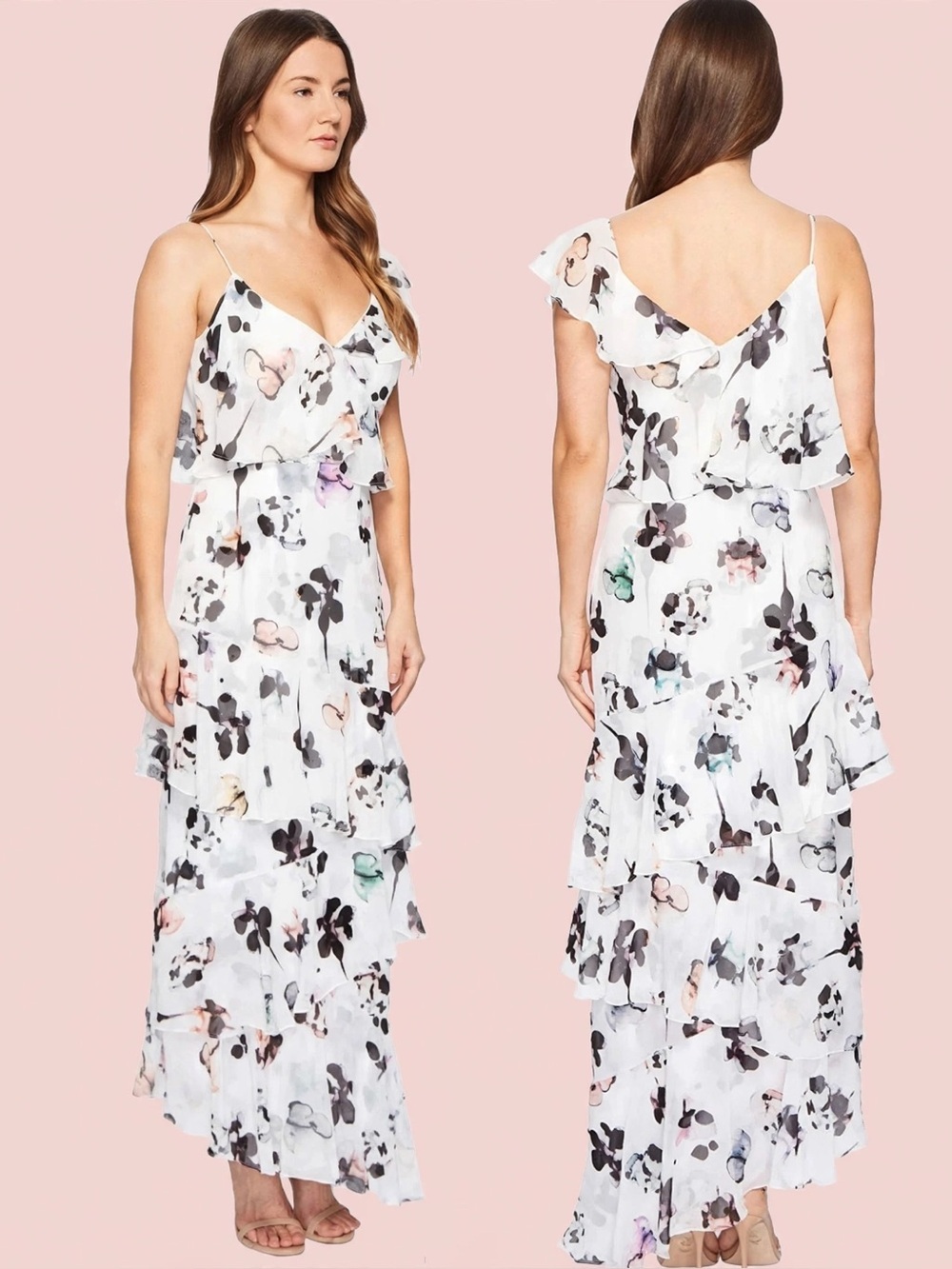 ML Monique Lhuillier Asymetrical Ruffle Gardenia Floral Dress size 16